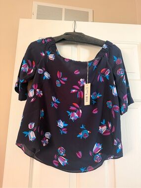 Rebecca Taylor Navy Floral Short-Sleeve Scoop Neck Top